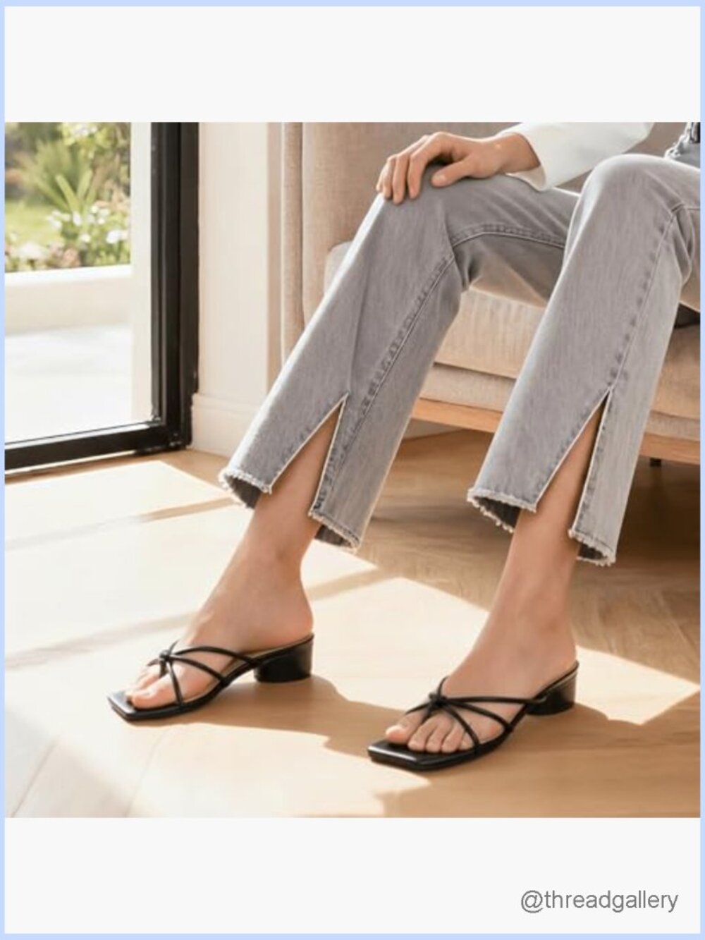 Strappy Square Toe Thong Slide Heeled Sandals Low Block Heels Comfortable - Picture 3 of 6